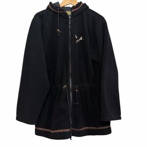 Cabela’s Hooded Fleece Jacket Black Embroidered Cabin Scene XL